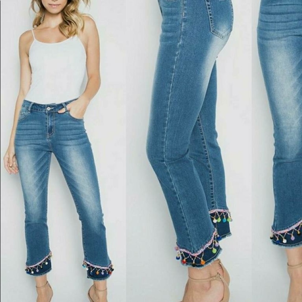 Distressed Denim with poms and beading